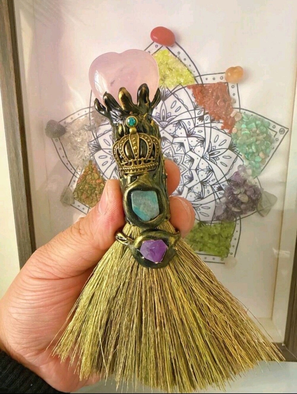 Handcrafted Brass Crystal Mini Broom with Rose Quartz Heart